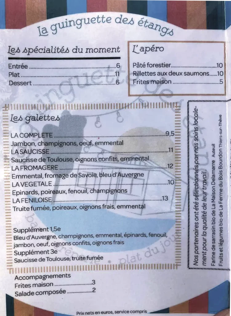 carte LA GUINGUETTE DES ÉTANGS